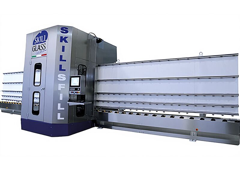 Автоматическая вертикальная машина Skill Glass для снятия фасок и шлифовки прямого и фасонного листового стекла Skill Sfill